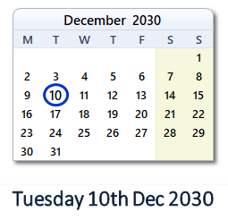 10 December 2030 calendar