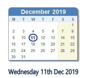 11 December 2019 calendar