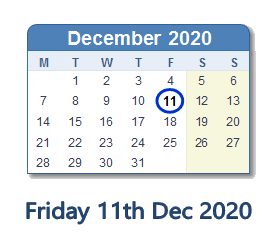 11 December 2020 calendar