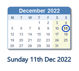 11 December 2022 calendar