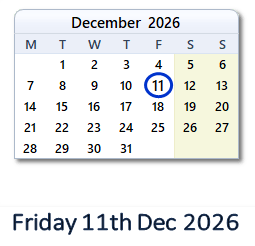 11 December 2026 calendar