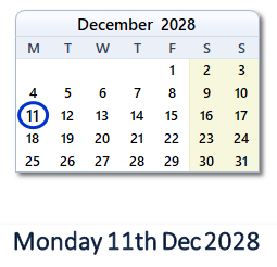 11 December 2028 calendar