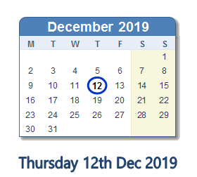 12 December 2019 calendar