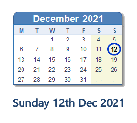 12 December 2021 Calendar with Holidays and Count Down - AUS