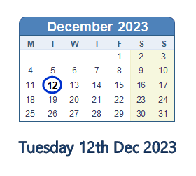 12 December 2023 calendar