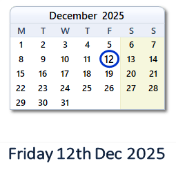 12 December 2025 calendar