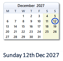12 December 2027 calendar