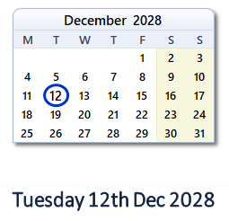 12 December 2028 calendar