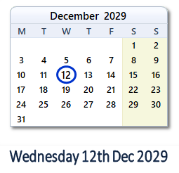 12 December 2029 calendar
