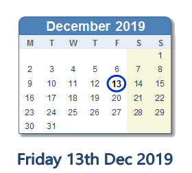 13 December 2019 calendar