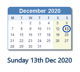 13 December 2020 calendar