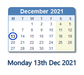 13 December 2021 calendar