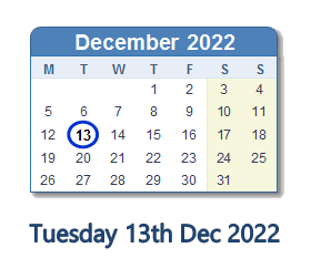 13 December 2022 calendar
