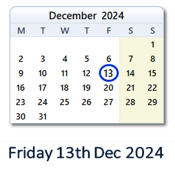 December 13, 2024 Calendar with Holiday info and Count Down - IND