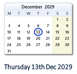 13 December 2029 calendar