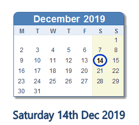 14 December 2019 calendar