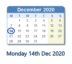 14 December 2020 calendar
