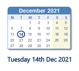 14 December 2021 calendar