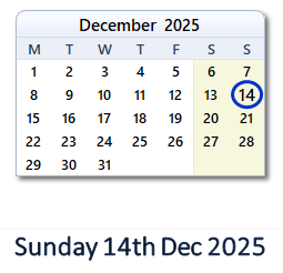 14 December 2025 calendar