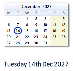 14 December 2027 calendar