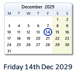 14 December 2029 calendar