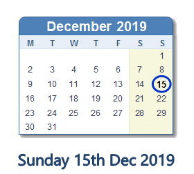 15 December 2019 calendar