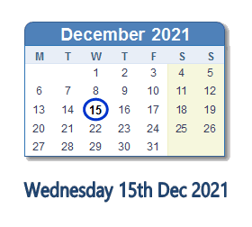 15 December 2021 calendar