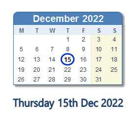 15 December 2022 calendar