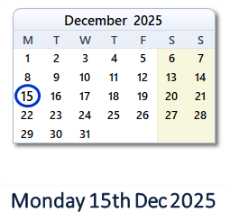 15 December 2025 calendar