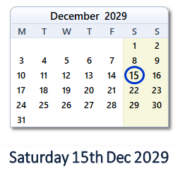 15 December 2029 calendar