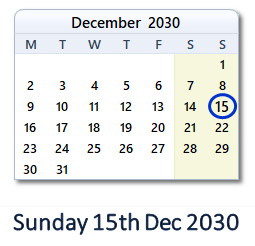 15 December 2030 calendar