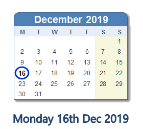 16 December 2019 calendar