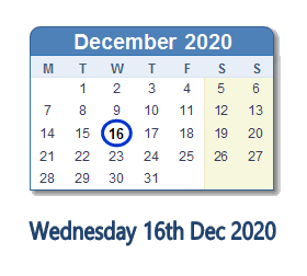 16 December 2020 calendar