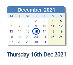 16 December 2021 calendar