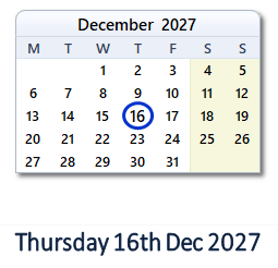 16 December 2027 calendar