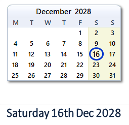 16 December 2028 calendar