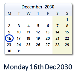16 December 2030 calendar