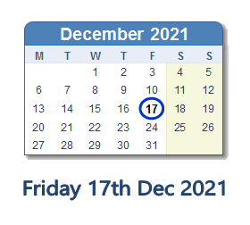17 December 2021 calendar