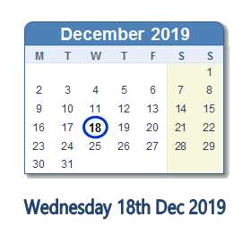18 December 2019 calendar