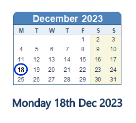 18 December 2023 calendar