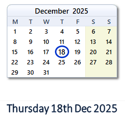 18 December 2025 calendar