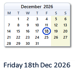 18 December 2026 calendar