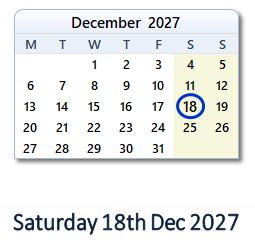 18 December 2027 calendar