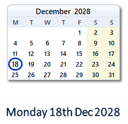 18 December 2028 calendar