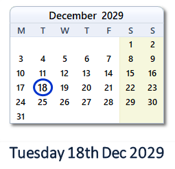 18 December 2029 calendar