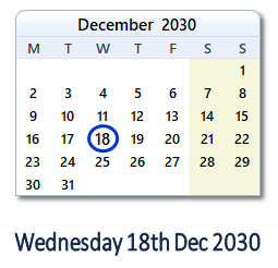18 December 2030 calendar