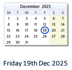 19 December 2025 calendar