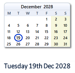 19 December 2028 calendar