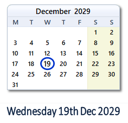 19 December 2029 calendar