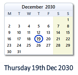 19 December 2030 calendar